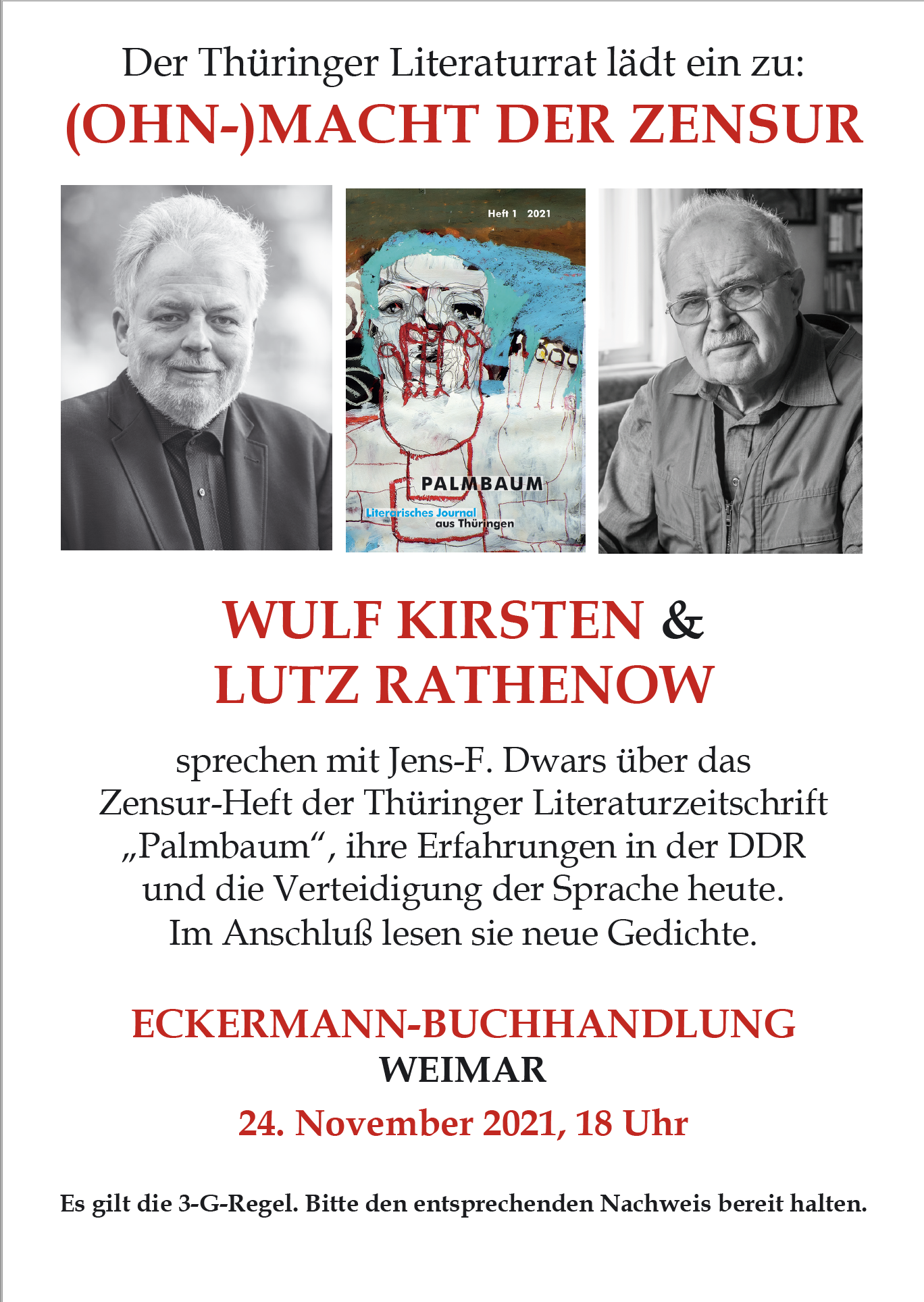 Palmbaum-Lesung und -Gespräch mit Wulf Kirsten und Lutz Rathenow in der Eckermann-Buchhandlung Weimar @ Eckermann-Buchhandlung