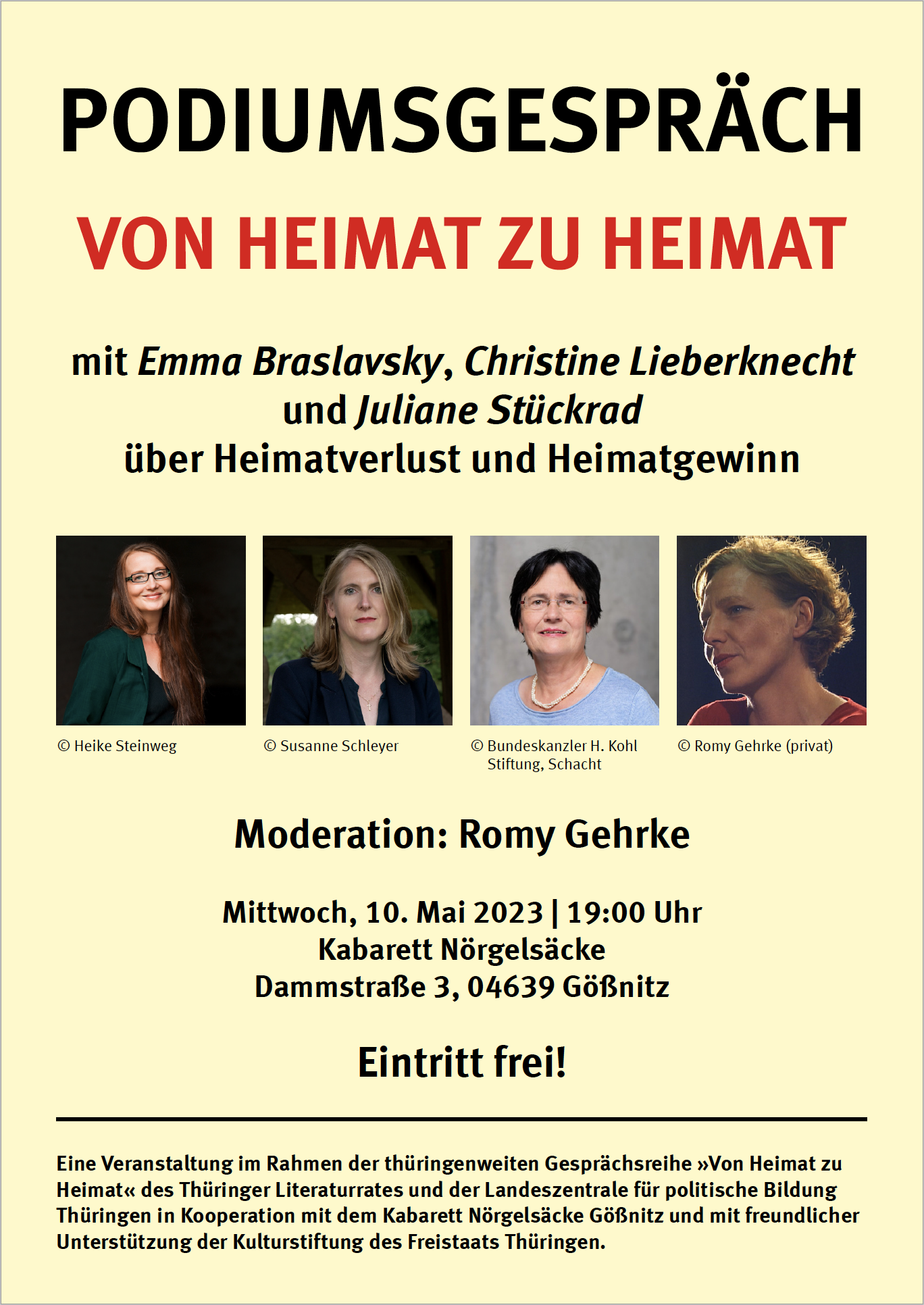 »Von Heimat zu Heimat« - Podiumsgespräch mit Emma Braslavsky, Christine Lieberknecht und Juliane Stückrad in Gößnitz @ Kabarett Nörgelsäcke
